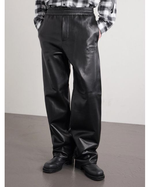 Amiri Gray Logo-appliquéd Straight-leg Leather Trousers for men