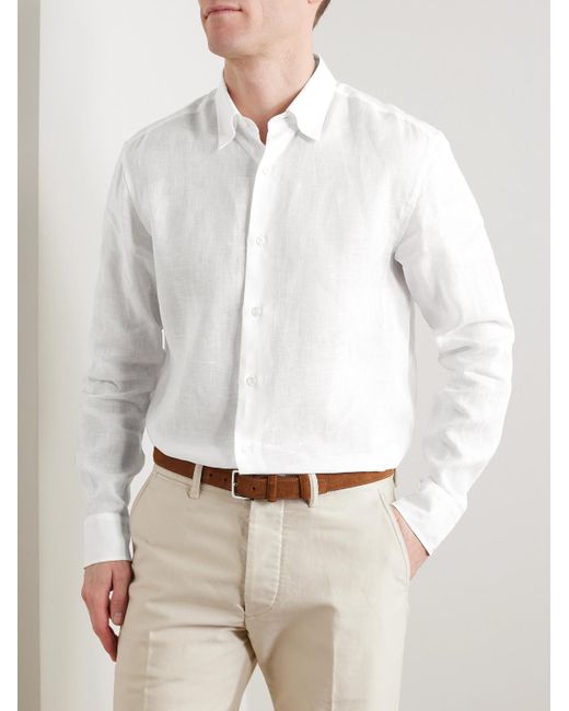 Camicia in lino con collo button-down di Brioni in White da Uomo