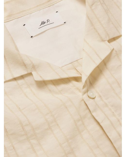 Camicia in misto cotone e lino a righe con ricamo e colletto aperto di Mr P. in Natural da Uomo