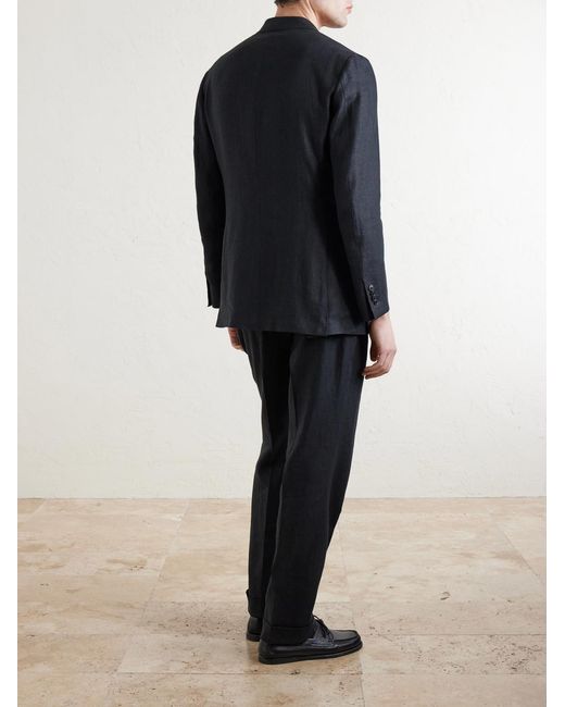 Saman Amel Blue Linen Double-breasted Suit Jacket for men