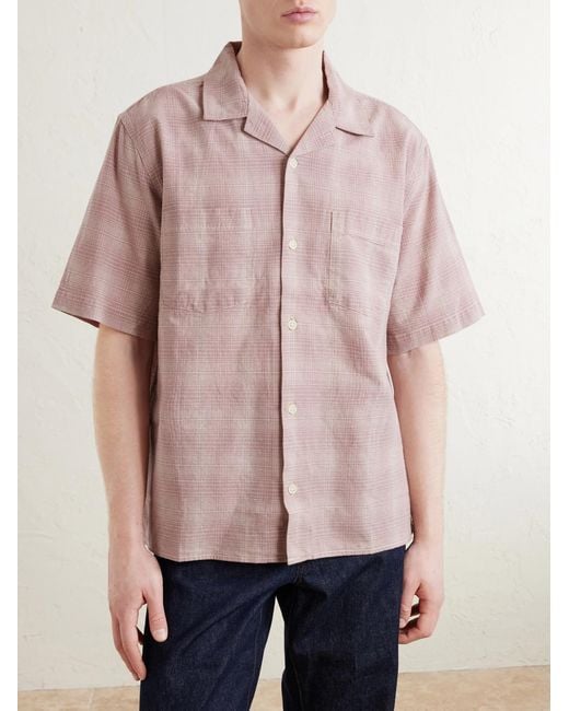 Corridor NYC Pink Convertible-Collar Checked Cotton And Linen-Blend Shirt for men
