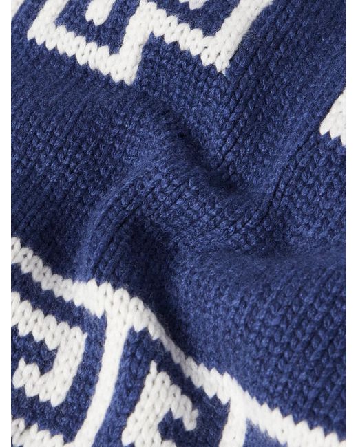 Brunello Cucinelli Blue Jacquard-Knit Cashmere Down Rollneck Cardigan for men