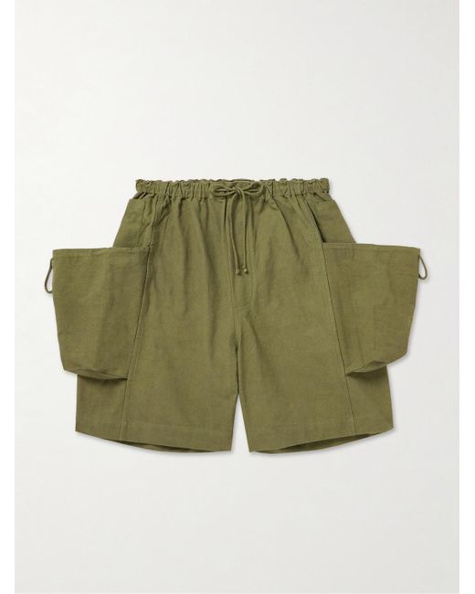 STORY mfg. Green Salt Wide-leg Embroidered Slub Organic Cotton Drawstring Shorts for men