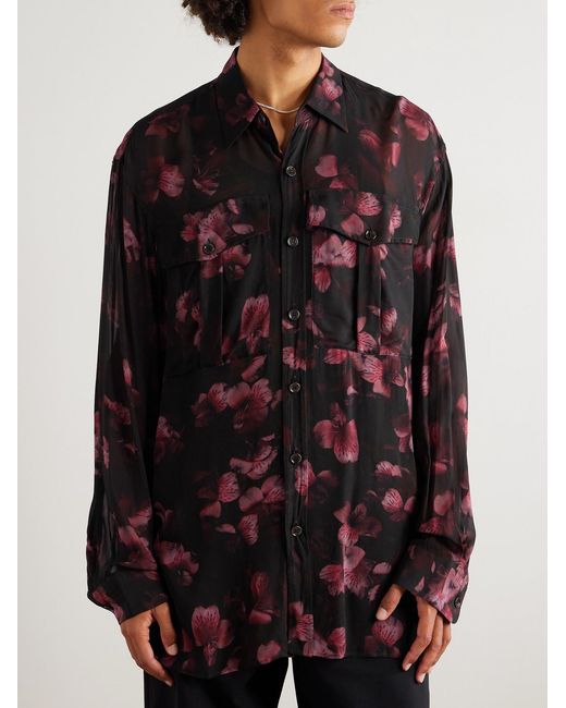 Dries Van Noten Red Oversized Floral-Print Crepe Shirt for men