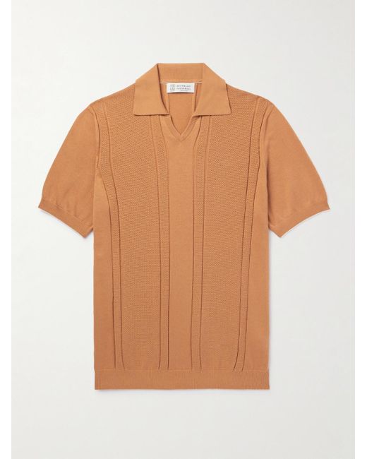 Brunello Cucinelli Orange Honeycomb-knit Cotton Polo Shirt for men