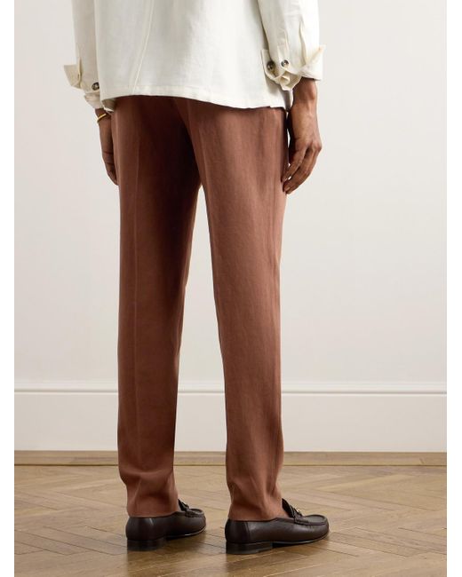 Thom Sweeney Brown Tapered Pleated Linen Suit Trousers for men