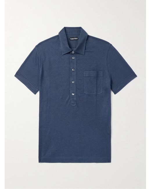 Tom Ford Blue Slim-Fit Silk And Linen-Blend Polo Shirt for men