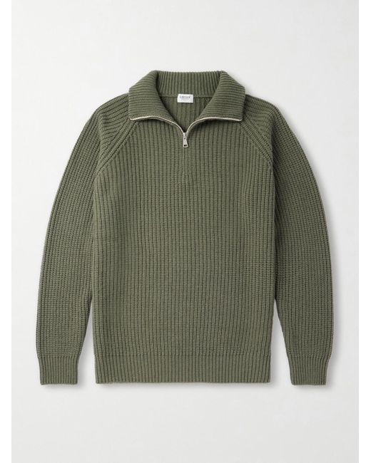 Ghiaia Green Ribbed Wool Half-Zip Sweater for men