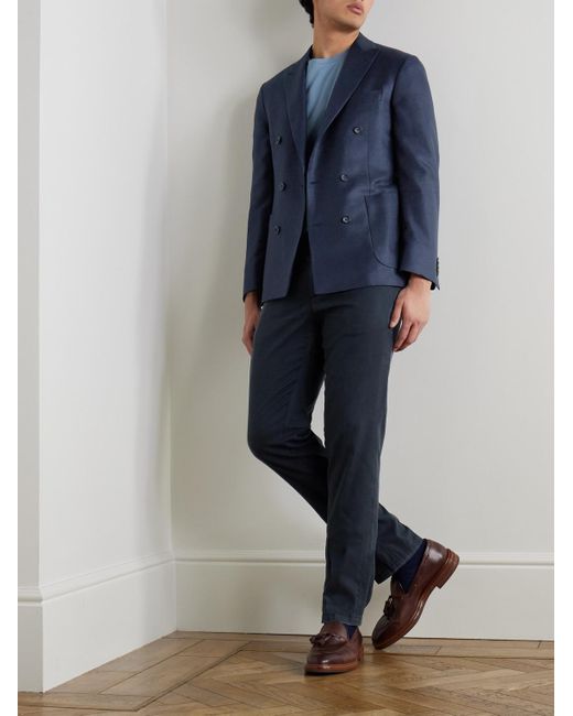 Canali Blue Garment-Dyed Stretch-Lyocell And Cotton-Blend Trousers for men