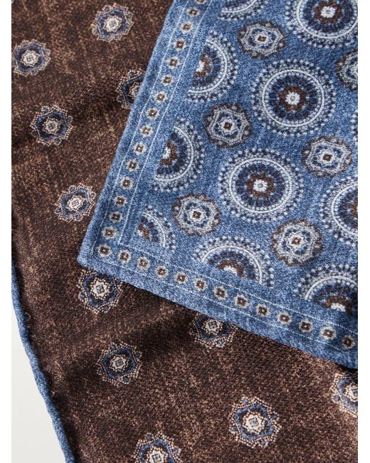 Brunello Cucinelli Blue Printed Silk Pocket Square for men
