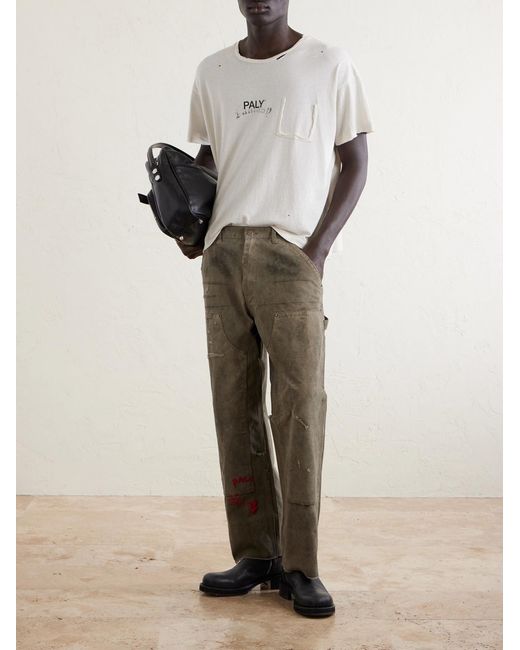 Paly Hollywood Natural Been Thru It Straight-leg Distressed Waxed Cotton-canvas Trousers for men