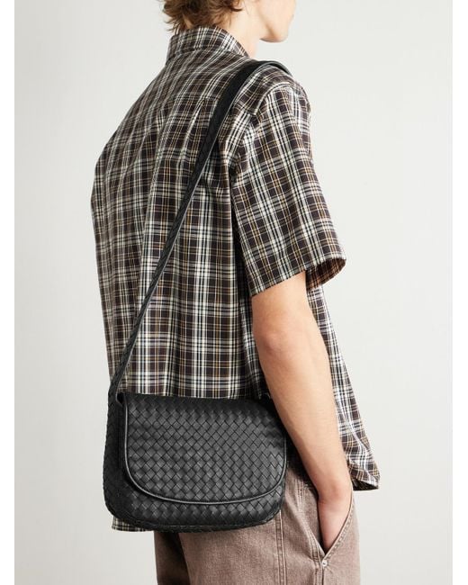 Bottega Veneta Black Intrecciato Leather Messenger Bag for men