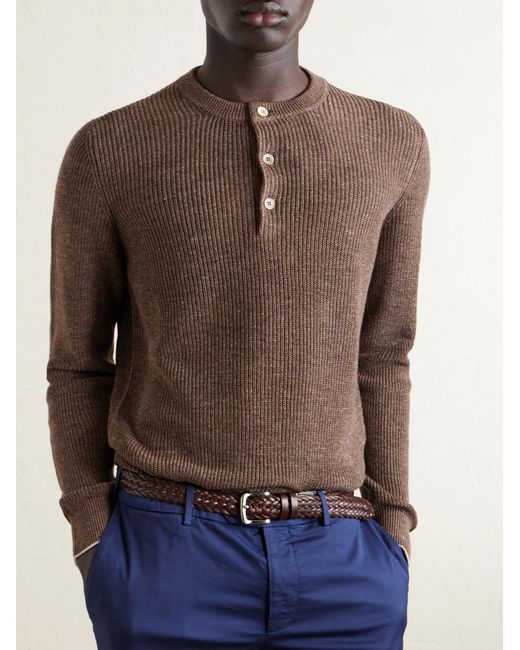 Brunello Cucinelli Brown Ribbed Linen And Cotton-blend Henley Sweater for men