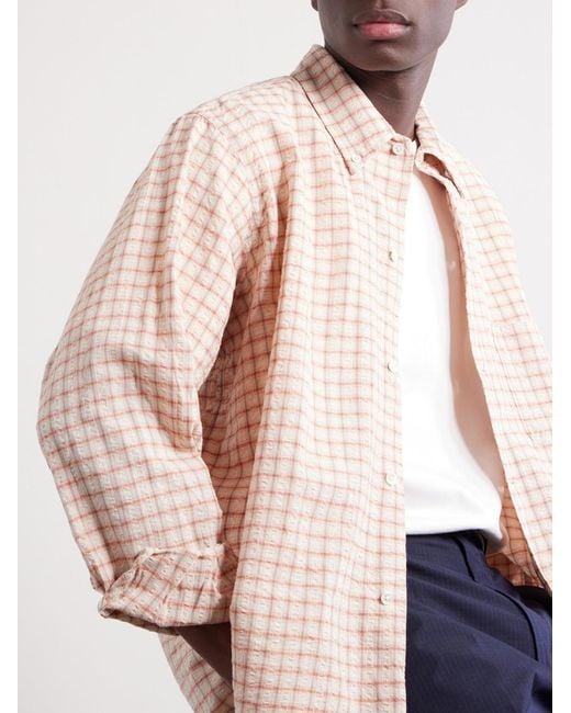 Beams Plus Natural Button-Down Seersucker Checked Cotton And Linen-Blend Shirt for men