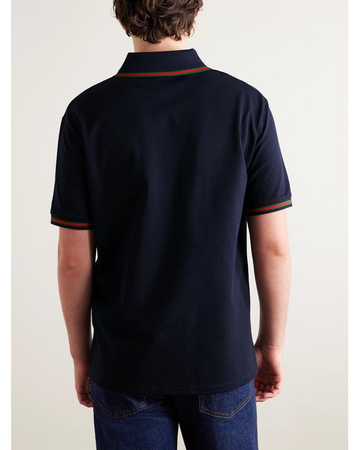 Logo-Embroidered Cotton-Piqué Polo Shirt di Gucci in Blue da Uomo
