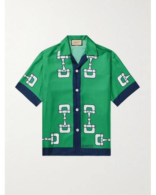 Gucci Green Camp-collar Printed Silk-satin Shirt for men
