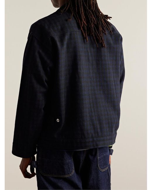 Randy's Garments Blue Cotton-Corduroy Trimmed Checked Melton Wool Bomber Jacket for men