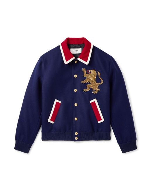 Céline Blue Teddy Embellished Wool-Flannel Bomber Jacket for men