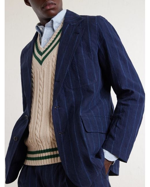 Drake's Blue Games Pinstriped Linen And Cotton-blend Suit Jacket for men