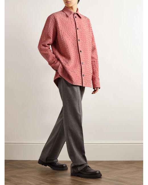 Bottega Veneta Pink Intrecciato Suede Overshirt for men