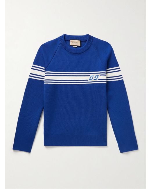 Pullover in lana con righe e logo applicato di Gucci in Blue da Uomo