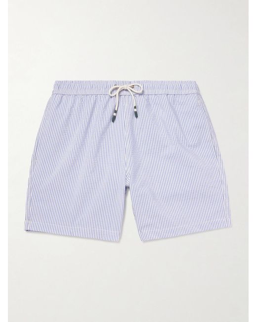Hartford Blue Slim-Fit Mid-Length Striped Seersucker Swim Shorts for men