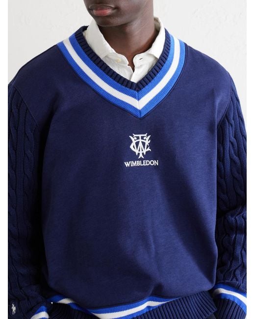 Polo Ralph Lauren Blue Wimbledon Logo-Embroidered Cable-Knit Cotton-Blend Fleece Sweater for men