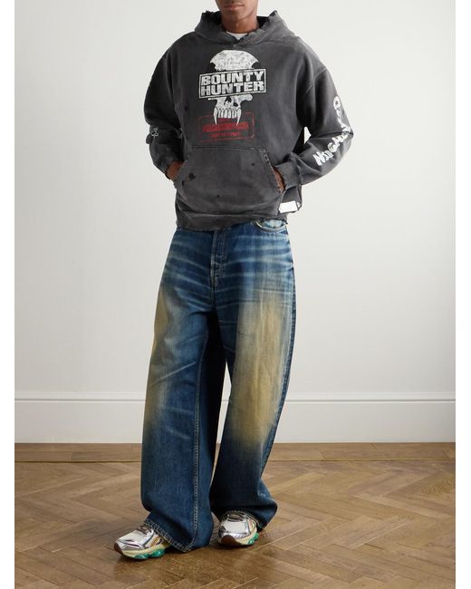Neighborhood Gray Bounty Hunter Savage Distressed Printed Cotton-jersey Hoodie for men
