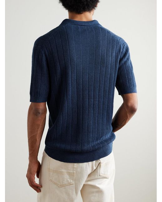 Polo Ralph Lauren Blue Open-Collar Ribbed Linen Polo Shirt for men