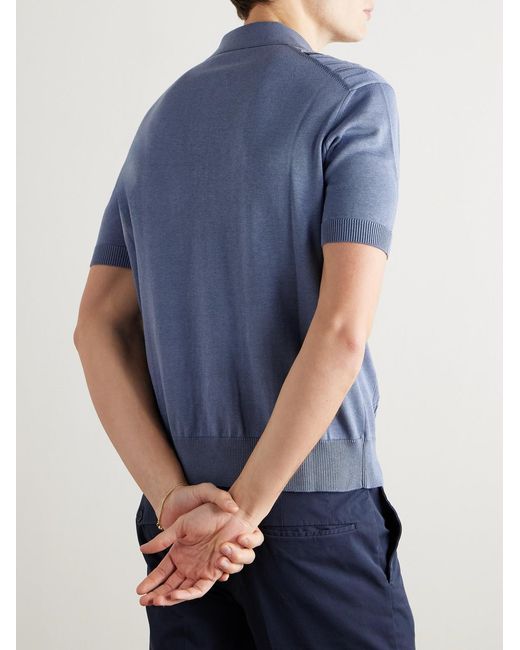 Piacenza 1733 Blue Slim-Fit Striped Pointelle-Knit Silk And Cotton-Blend Polo Shirt for men
