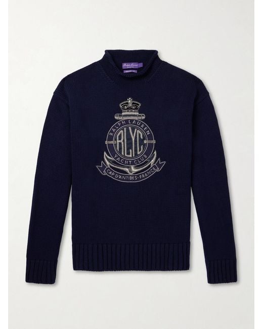 Ralph Lauren Blue Logo-Appliquéd Cotton-Blend Sweater for men