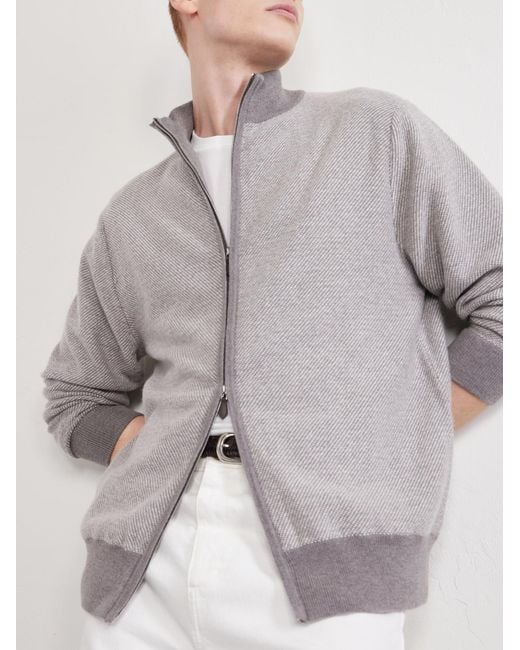 N.Peal Cashmere Gray Birdseye Textured Organic Cashmere Zip-Up Cardigan for men