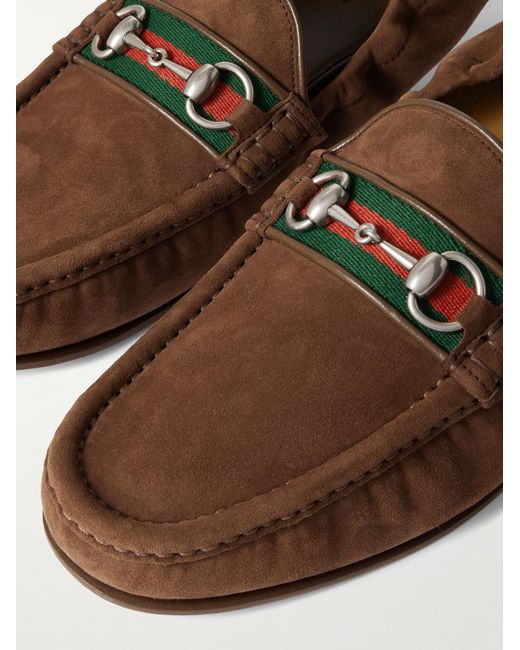 Gucci Brown Horsebit-Embellished Webbing-Trimmed Suede Loafers for men