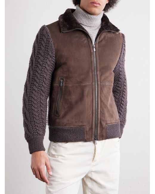 Brunello Cucinelli Brown Shearling And Cable-knit Cashmere Jacket for men
