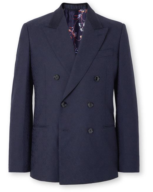 Etro Blue Double-breasted Felt-trimmed Wool-jacquard Suit Jacket for men