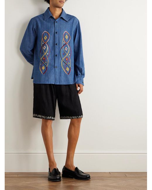 Kardo Blue Luis Embroidered Cotton-Chambray Shirt for men