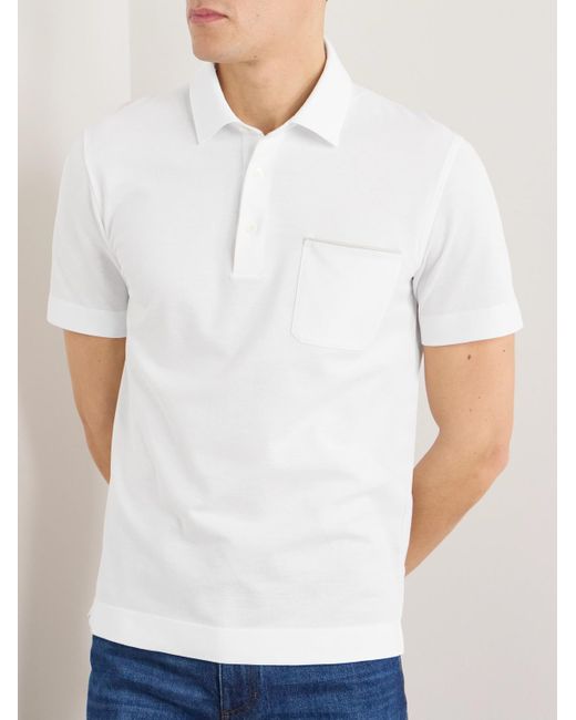 Zegna White Leather-Trimmed Cotton-Piqué Polo Shirt for men