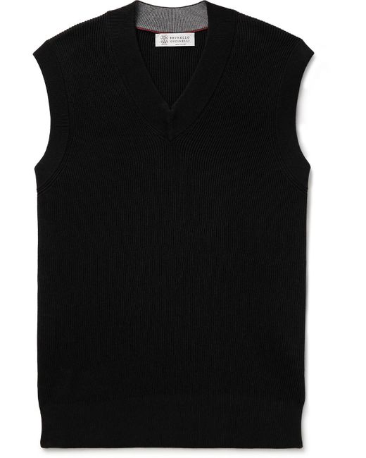 Brunello Cucinelli Black Ribbed Cotton Sweater Vest for men