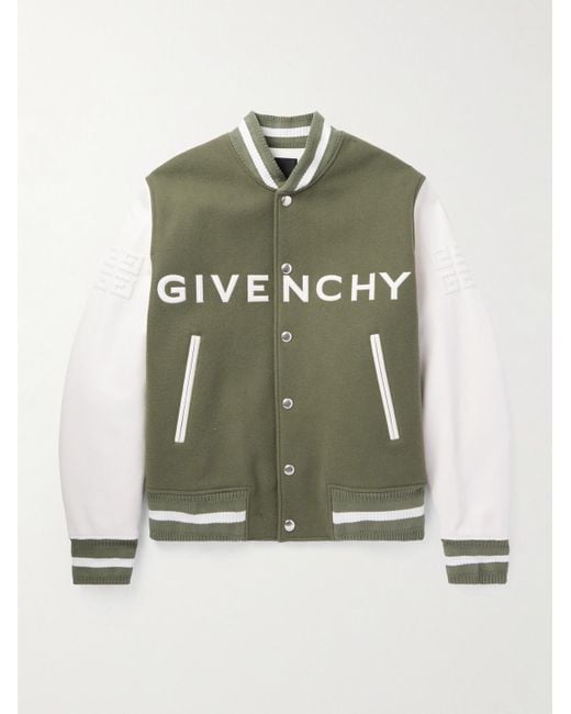 Giacca college in pelle e misto lana con logo applicato di Givenchy in Green da Uomo
