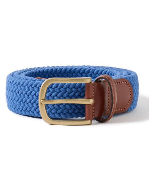 Anderson & Sheppard Blue 3.5cm Leather-trimmed Woven Elastic Belt for men