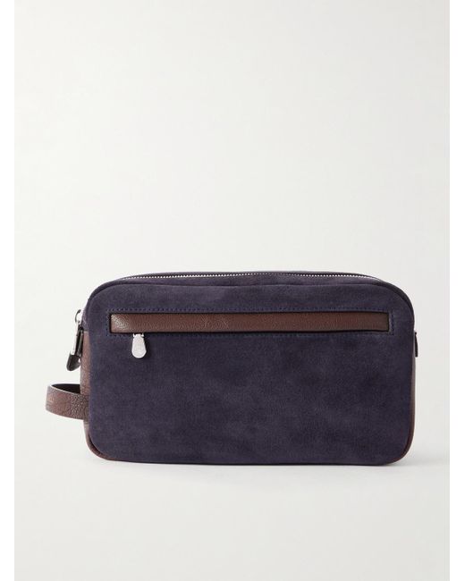 Brunello Cucinelli Blue Leather-Trimmed Suede Wash Bag for men
