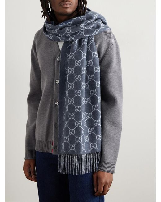 Gucci Blue Fringed Logo-Jacquard Cashmere Scarf for men