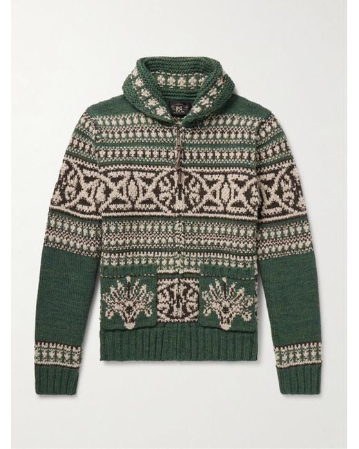 RRL Green Shawl-Collar Jacquard-Knit Wool Zip-Up Cardigan for men