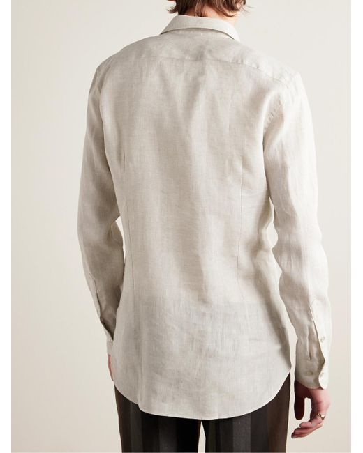 Camicia in lino con logo ricamato slim-fit di Etro in White da Uomo