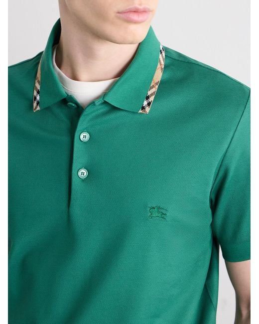 Burberry Green Logo-Embroidered Checked Cotton-Piqué Polo Shirt for men