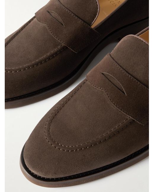 Brunello Cucinelli Brown Leather-Trimmed Suede Penny Loafers for men