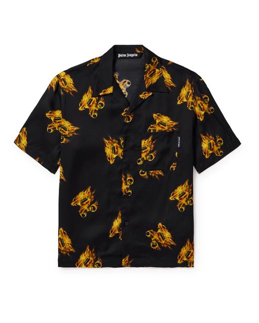 Palm Angels Black Burning Convertible-collar Logo-print Satin Shirt for men