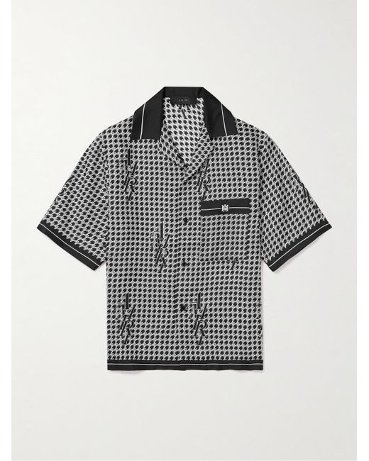 Amiri Gray Camp-collar Logo-print Silk-twill Shirt for men