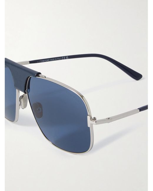 Tom Ford Tex silberfarbene Pilotensonnenbrille mit Lederbesatz in Blue für Herren