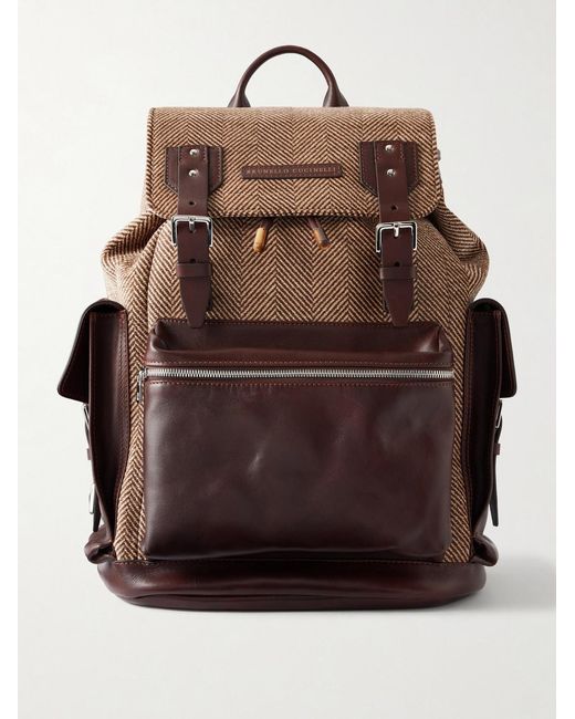 Brunello Cucinelli Brown Leather-Trimmed Herringbone Canvas Backpack for men